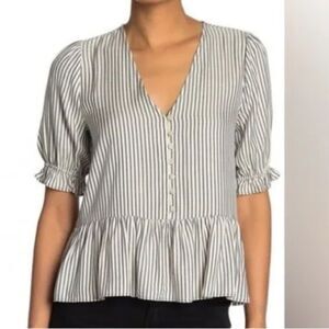 Madewell Women’s Courtyard Ruffle-Hem Top in Stripe Blue and Cream Size Medium